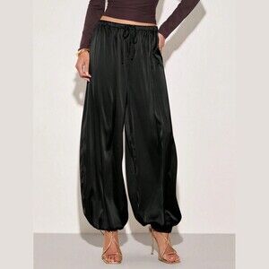 Black Satin Drawstring Harem Pants - Balloon Leg Wide Trousers